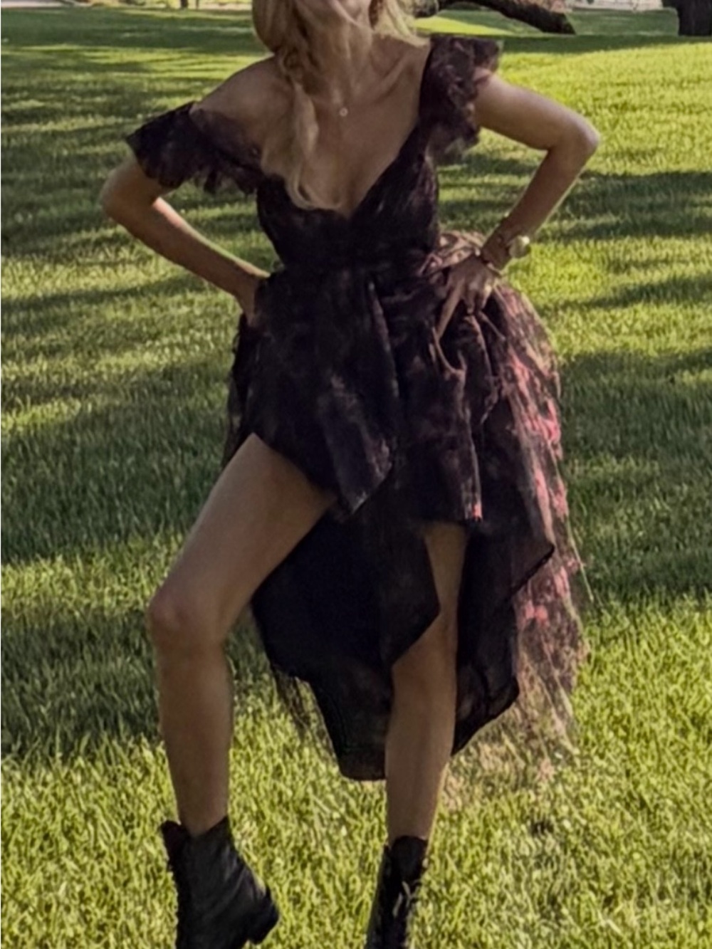 Floral Off-Shoulder Black High-Low Midi Dress
